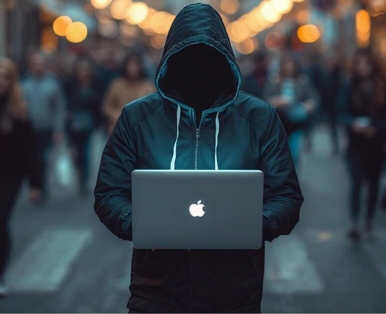 Rue de colmar en alsace avec un pirate informatique en capuche avec son ordi portable en pleine rue mis bine en évidence et derriere une foule de passant