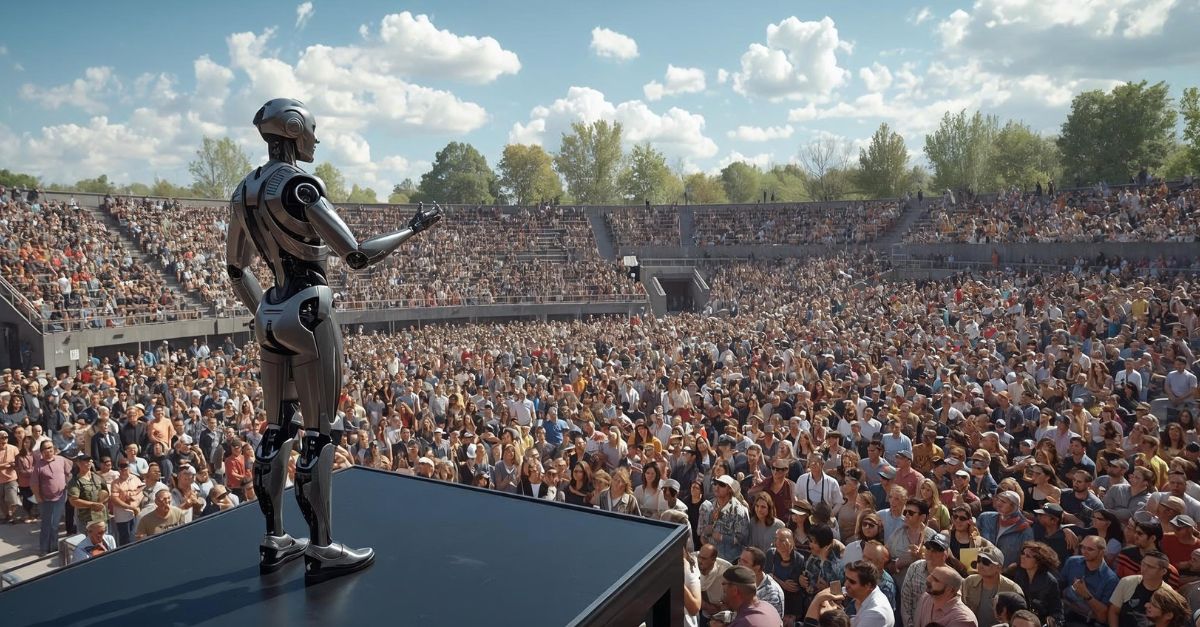 ia en train de manipuler en faisant un discours à des humains